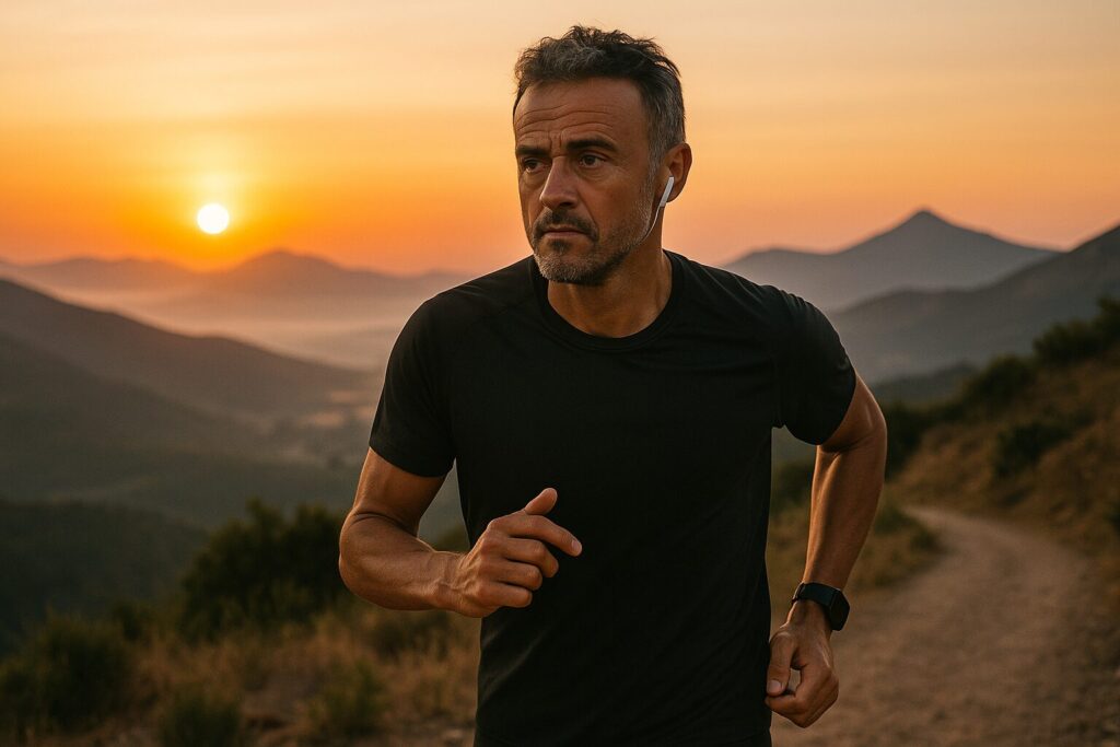 Luis Enrique corriendo en montaña, símbolo de mejora continua y disciplina