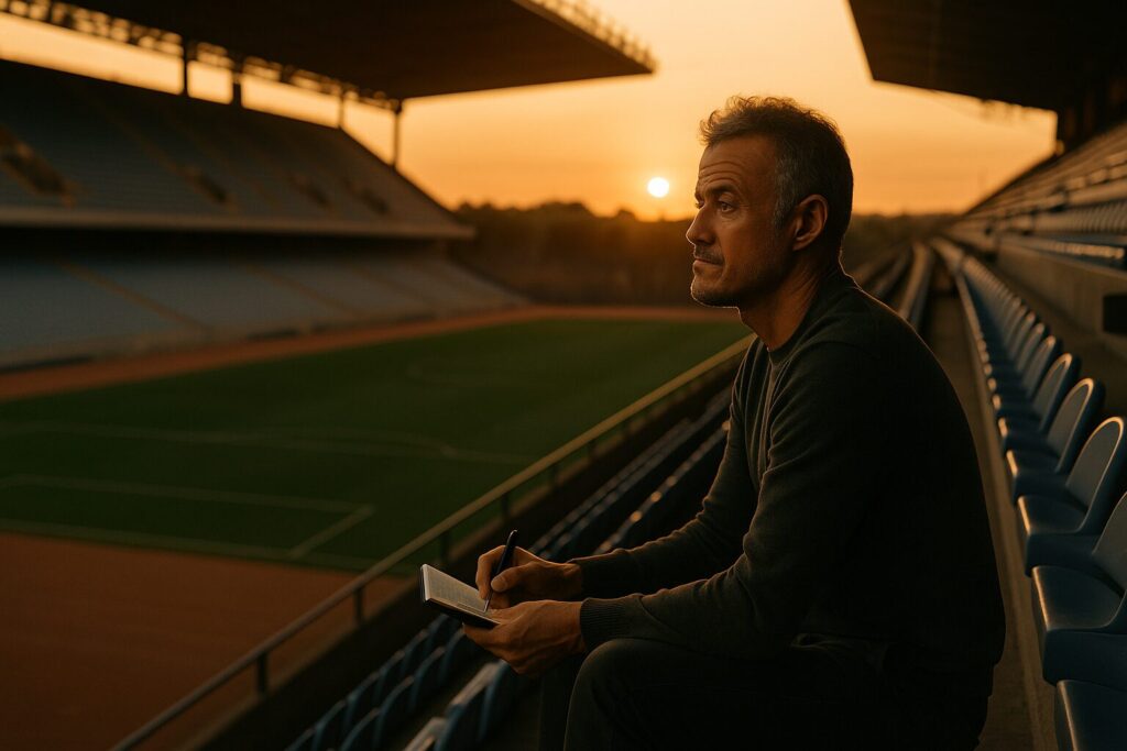 Luis Enrique reflexivo en campo vacío, pensando a largo plazo