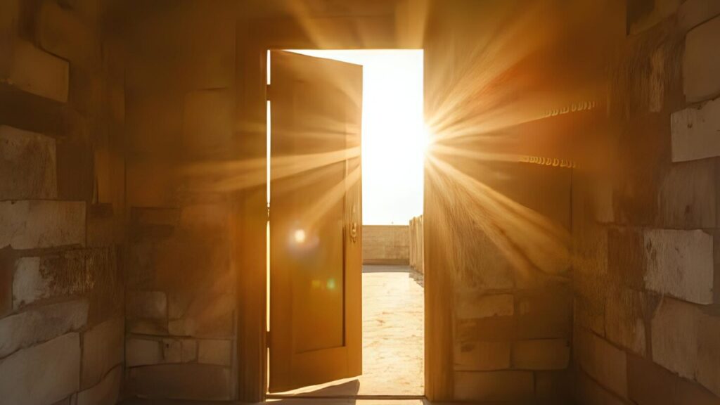 Puerta abierta al horizonte con luz brillante al fondo, esperanza