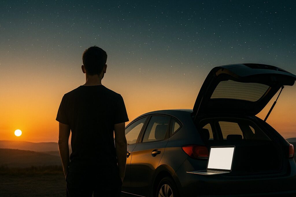 Hombre solo frente a su coche y un portátil abierto al amanecer, símbolo de libertad y éxito digital sin oficina.